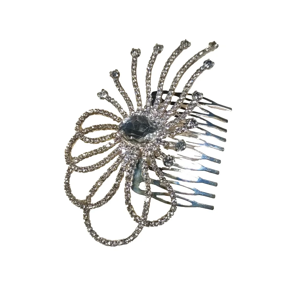 Elegant Large Hair Barrette Comb Silver Tone Rhinestone Wedding Prom